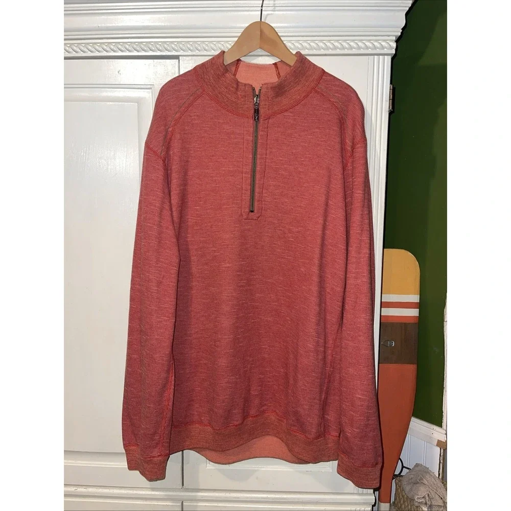 Tommy Bahama Quarter Zip Sweater Men 3XL Coral 🪸‎ Long Sleeve Logo Preppy